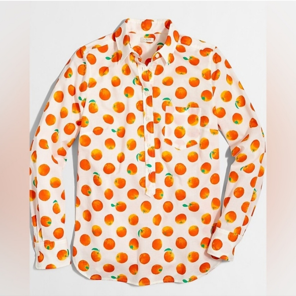 J Crew Perfect Shirt Sz 6 In Orange Citrus Print Button Up Cotton Silk White
